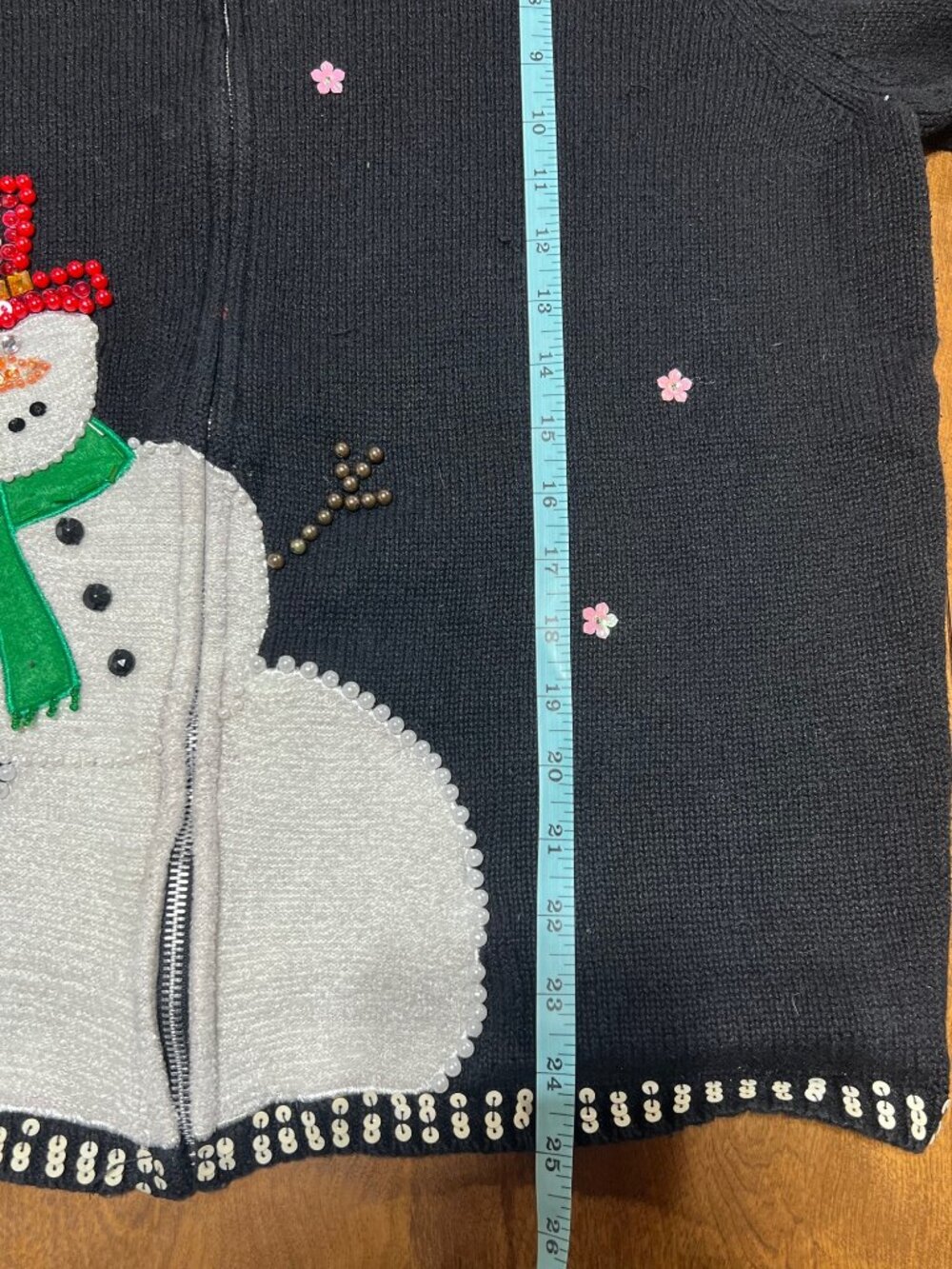 Design Originals Joy Sequin Beaded Snowman Full Zip Black Sweater Cardigan XL - Picture 9 of 11